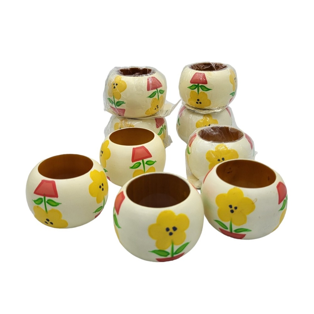 Set‎ of 9 American Home Collection Handpainted Flower Pots Napkin Rings Holders